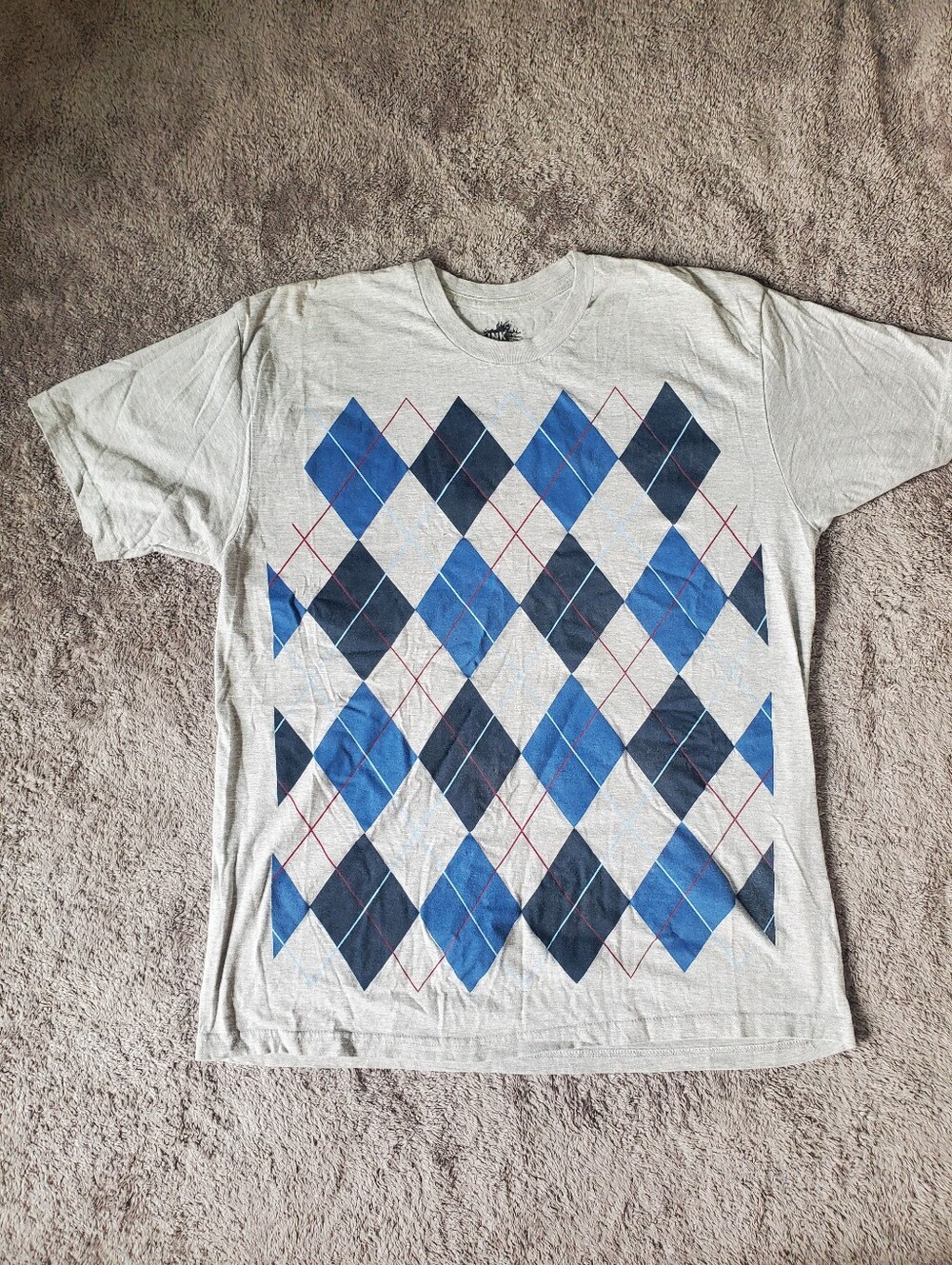 Men's Light Gray Argyle Diamond Plaid Pattern Design T-Shirt  Size L